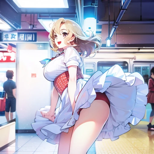 In the crowd、Subway platform、Big Tits、Brown Hair、Red underwear、Floral Skirt、Marilyn Monroe