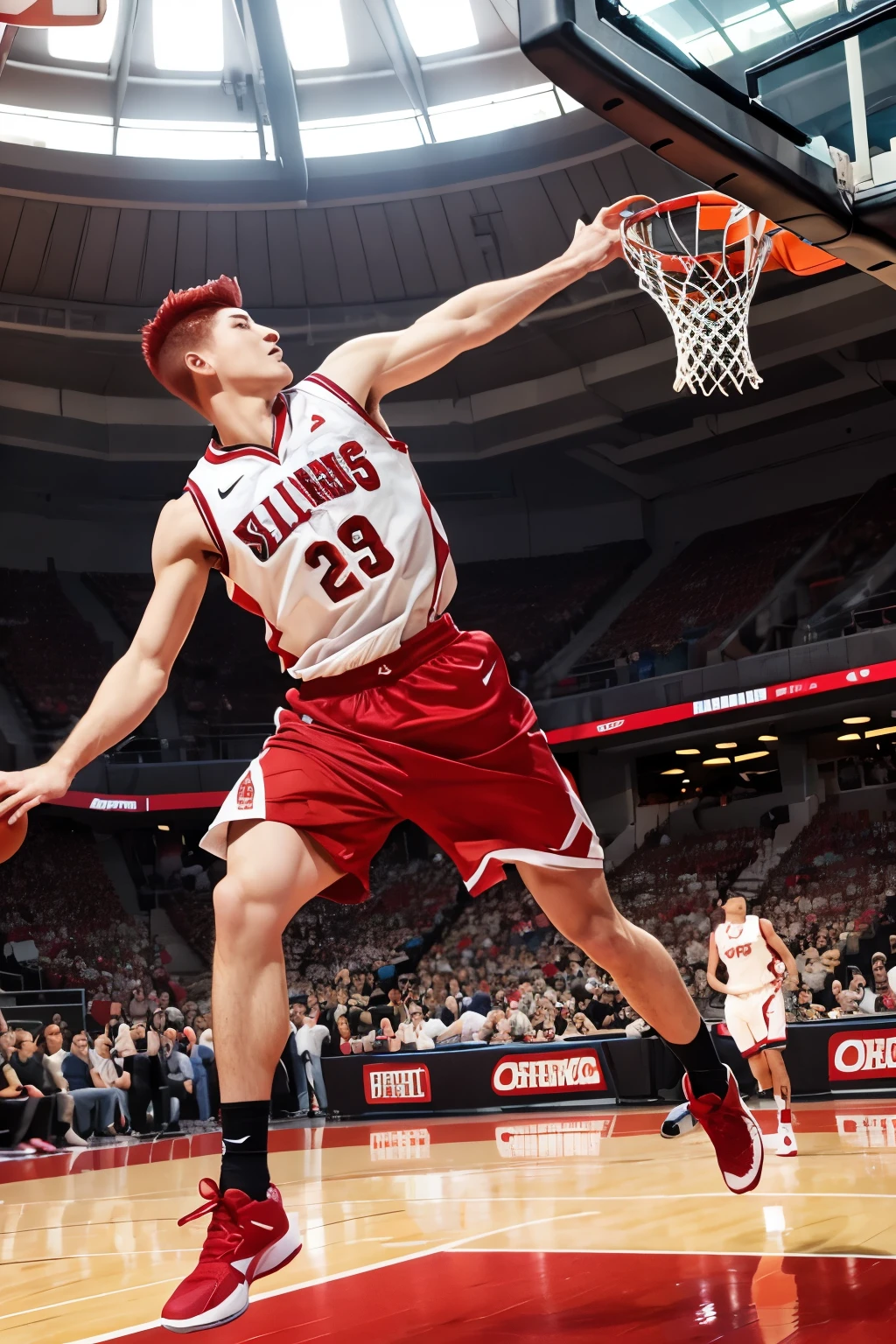 Red hair, 1 male, Rebounding a basketball, Red Basketball Uniform, The word on the uniform is SHOHOKU, Genuine, highest quality, The background is a photorealistic basketball court, Hanamichi Sakuragi of Slam Dunk,