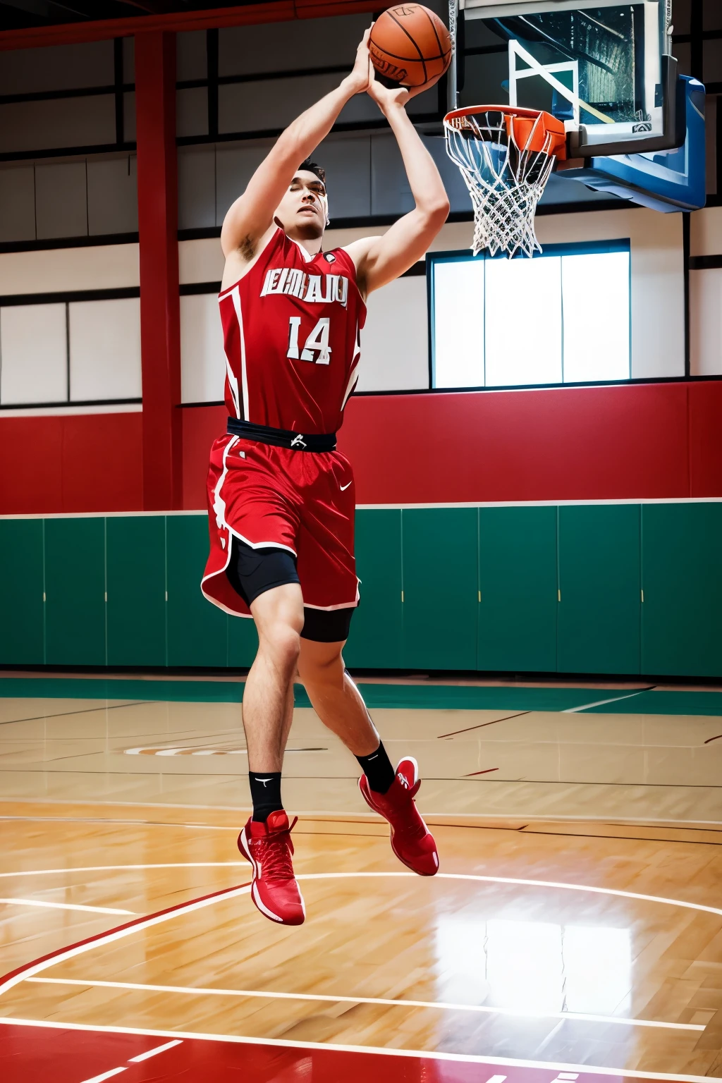 Red hair, 1 male, Rebounding a basketball, Red Basketball Uniform, The word on the uniform is SHOHOKU, Genuine, highest quality, The background is a photorealistic basketball court, Hanamichi Sakuragi of Slam Dunk,