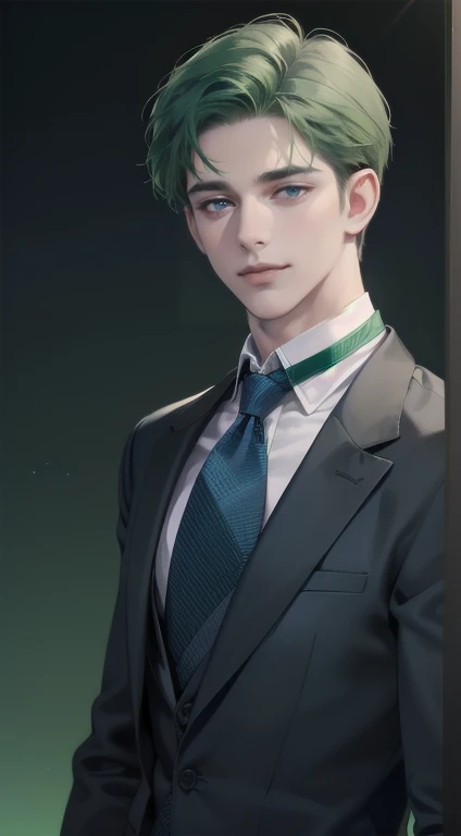 masterpiece, best quality, realistic, 1man, mature male, quiet and charming young man, 34 years old, close his eyes, smile look, extremely detailed face, smirk, ((dark grey blue eyes)), ((short-right-swept dark green hair)), [thick eyebrows], detective, Black background, ((suit)), cinematic lighting