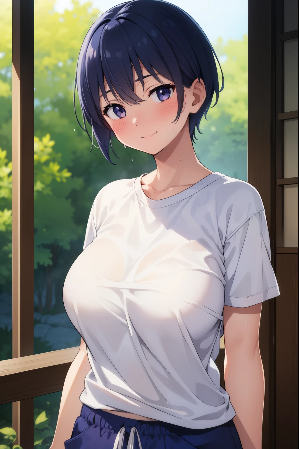 One Girl, Blue short hair、Bright smile, Sunburned skin,Sweat,White T-shirt,Shorts,Big Breasts,Japanese-style veranda,forest,Blushing,
Looking at the audience, 
 highest quality, High resolution, unity 8k wallpaper, Perfect lighting