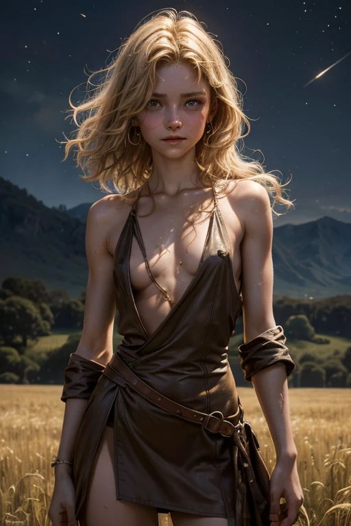 fantasy oil painting, portrait of an 18-year-old short curly blonde peasant girl, cute face (extremely Skinny Body:1.2) (flat chest:1.2) underfed, dirty medieval brown cloth mini dress, showing one nipple, crying, sweaty, 8K Ultra realista, standing in a field, night, style by Frank Farzetta