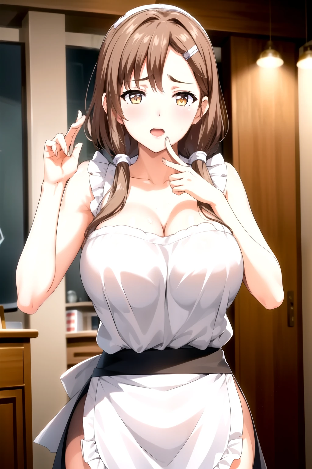 naked apron, Intact hands, naked apron,1 girl,20 years old, ,large Chest, Young women,Fair Finger,Fair long legs,Fair Body,Fair Nose,Fair character design, Perfect eyes, perfect Face,expressive eyes, looking at the audience,(lead_Body),(Focus on her Face), Official Art,Extremely detailed CG unity 8k wallpaper, Perfect Lighting,rich and colorful, bright_front_Face_Light,發Light的皮膚, (masterpiece:1.0),(the best_quality:1.0), Ultra-high resolution,4k,Super detailed, photography, 8K, HDR, high resolution, absurd:1.2, Kodak Portrait 400, Film Grain, Blurred background, Bokeh:1.2, 鏡頭Light暈, (Energetic_color:1.2) (Fair,Target_Chest:1.3), (Fair_Face:1.5),(narrow_waist)