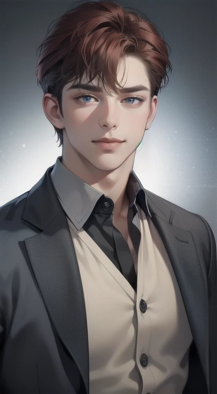 masterpiece, best quality, realistic, 1man, mature male, quiet and charming young man, 34 years old, close his eyes, smile look, extremely detailed face, smirk, ((dark grey blue eyes)), ((short-right-swept dark red hair)), [thick eyebrows], detective, Black background, ((suit)), cinematic lighting