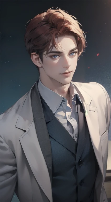 masterpiece, best quality, realistic, 1man, mature male, quiet and charming young man, 34 years old, close his eyes, smile look, extremely detailed face, smirk, ((dark grey blue eyes)), ((short-right-swept dark red hair)), [thick eyebrows], detective, Black background, ((suit)), cinematic lighting
