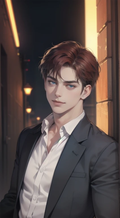 masterpiece, best quality, realistic, 1man, mature male, quiet and charming young man, 34 years old, close his eyes, smile look, extremely detailed face, smirk, ((dark grey blue eyes)), ((short-right-swept dark red hair)), [thick eyebrows], detective, Black background, ((suit)), cinematic lighting