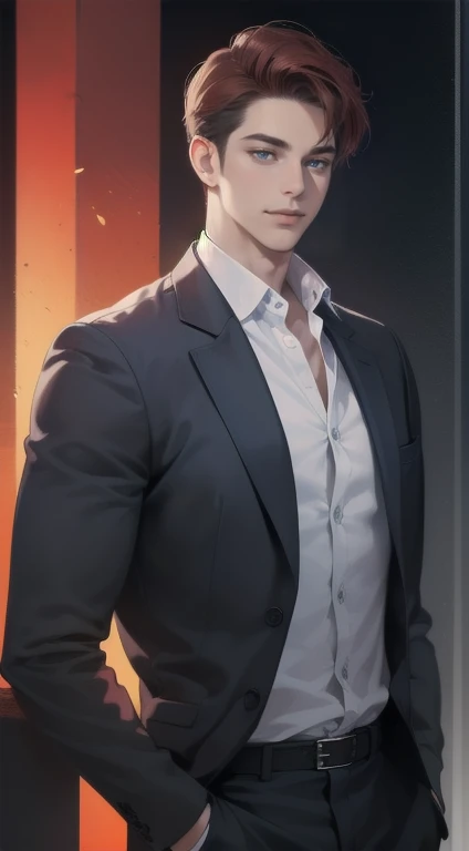 masterpiece, best quality, realistic, 1man, mature male, quiet and charming young man, 34 years old, close his eyes, smile look, extremely detailed face, smirk, ((dark grey blue eyes)), ((short-right-swept dark red hair)), [thick eyebrows], detective, Black background, ((suit)), cinematic lighting