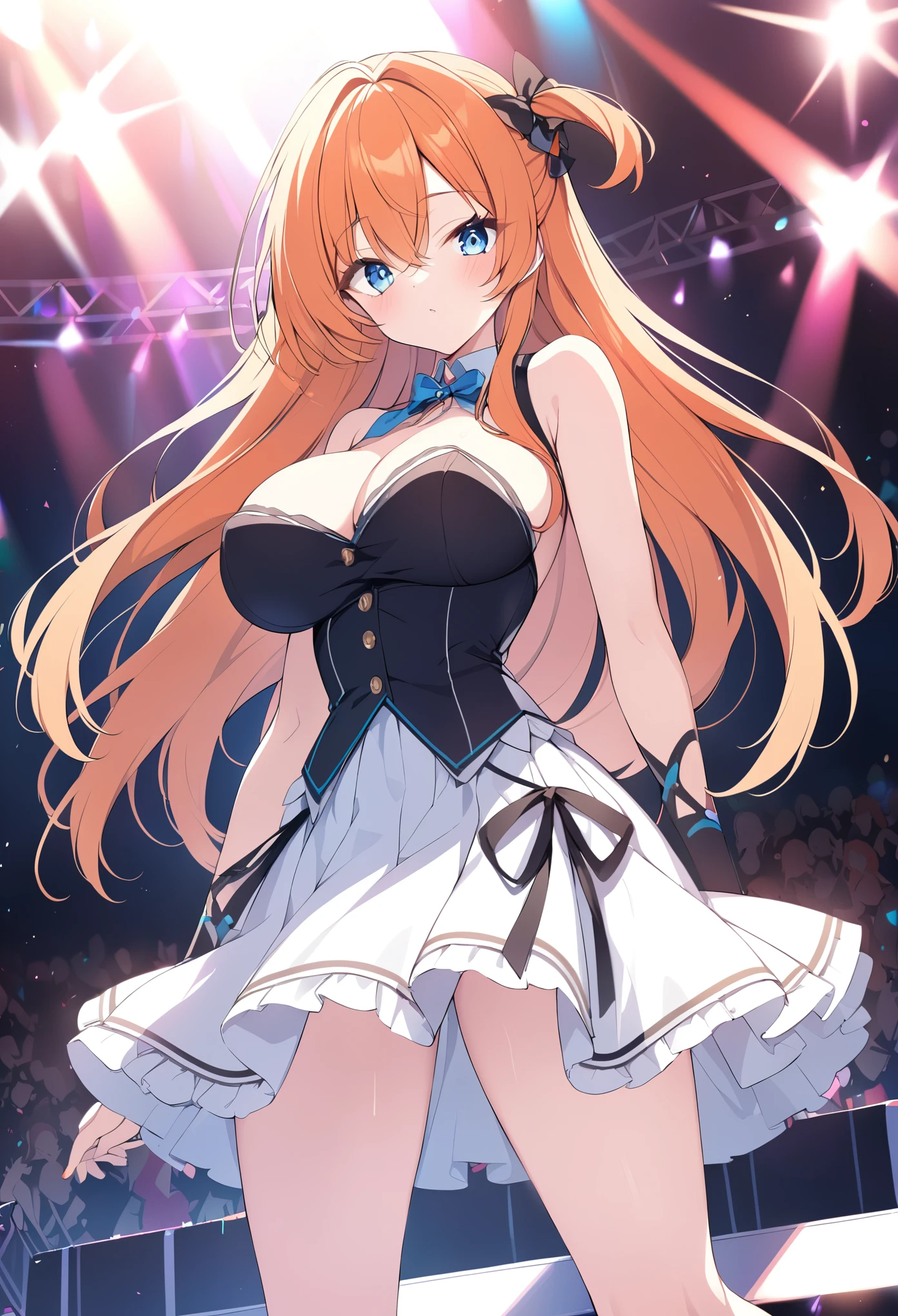 long hair, Blue eyes, Orange hair, (((colorful))),, large breasts, live stage