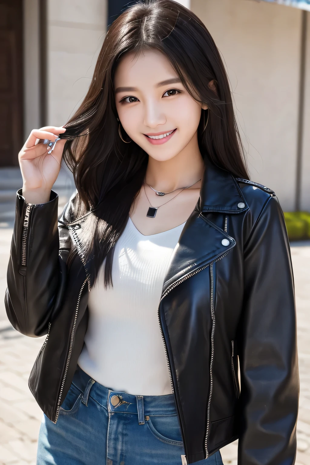 ２０Beautiful young woman of the year、 Korean women、Black Hair、Necklace around the neck、leather jacket、shirt、smile, Beautiful teeth alignment、Intricate details, Very detailed:1.2), 、 Looking into the camera,The background is the town

