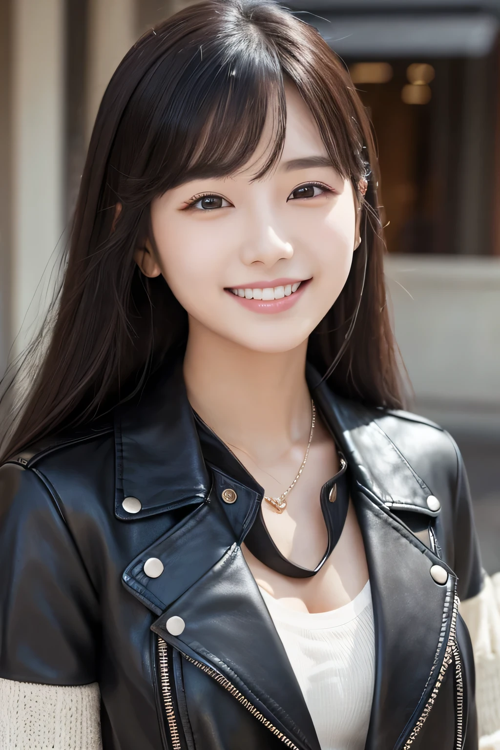 ２０Beautiful young woman of the year、 Korean women、Black Hair、Necklace around the neck、leather jacket、shirt、smile, Beautiful teeth alignment、Intricate details, Very detailed:1.2), 、 Looking into the camera,The background is the town

