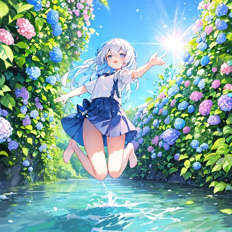 (pastel colour:1.2)、Fresh hydrangea flower background、With a girl、Laughter、Beautifully detailed、Haze、colorful、marble、Particles of light、Morning Glow、From directly below、Girl jumping into the river、Jumping、Clear Stream、rock、Summer clothes、Deep River、Water Drop、dynamism