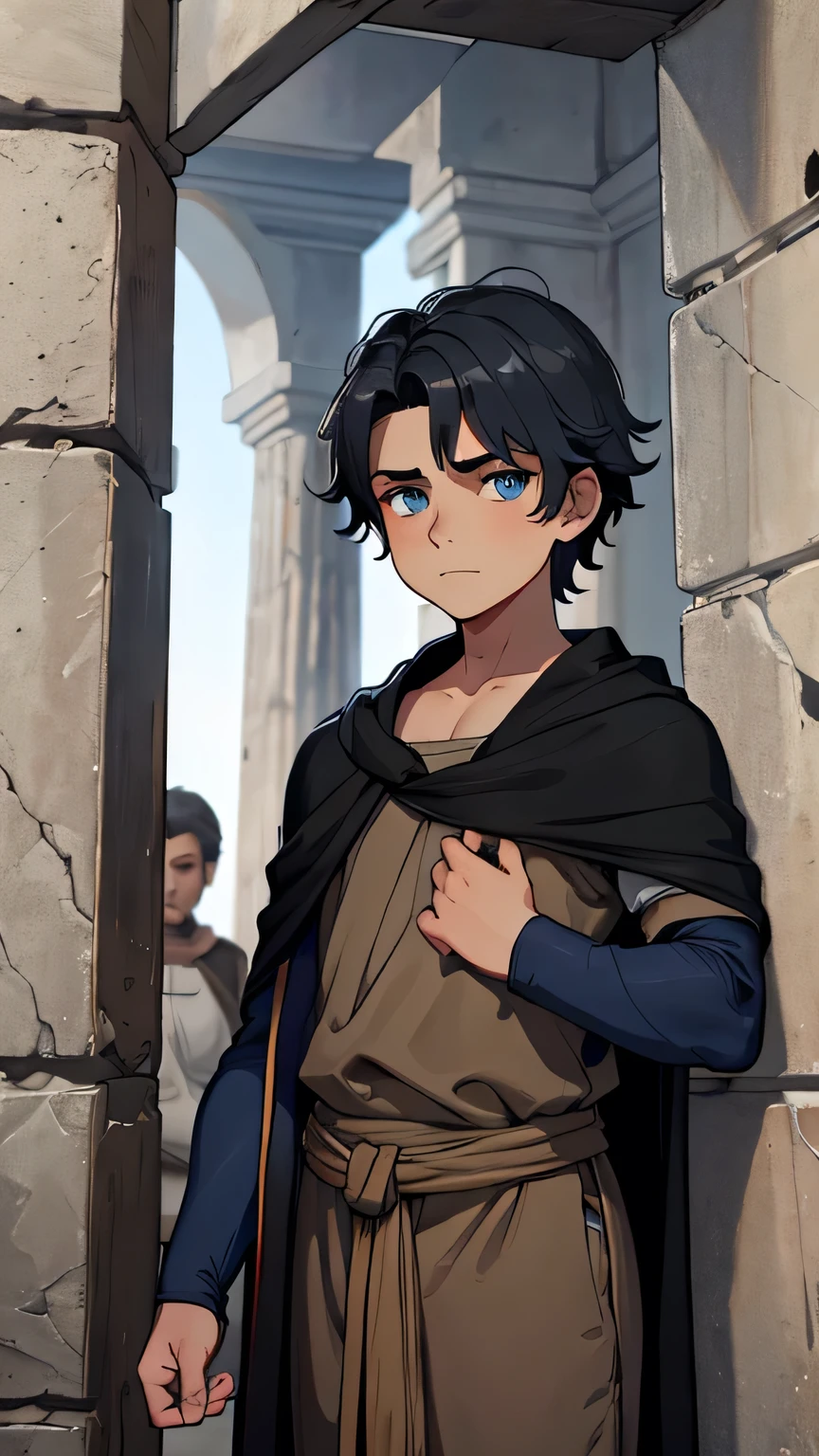 8 year old boy, blue eyes, dark gray hair, dressed in poor brown clothes from the 1st century AD. in an ancient dark Greek house from the 1st century AD, the walls are made of dark house stone