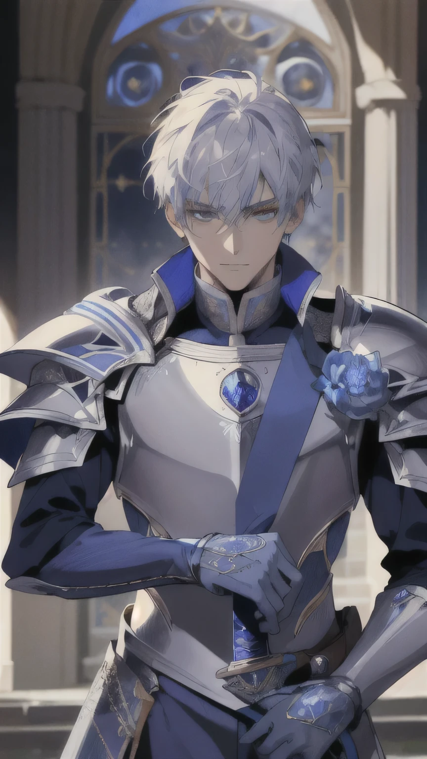 ((masterpiece)), ((best quality)), perfect detailed eyes, perfect detailed face, ((Blue sapphire armor)), knight, great sword, long sword, long blade, 20-year-old male, Knights of the Round Table, Arthurian legend, silver hair, cowboy shot