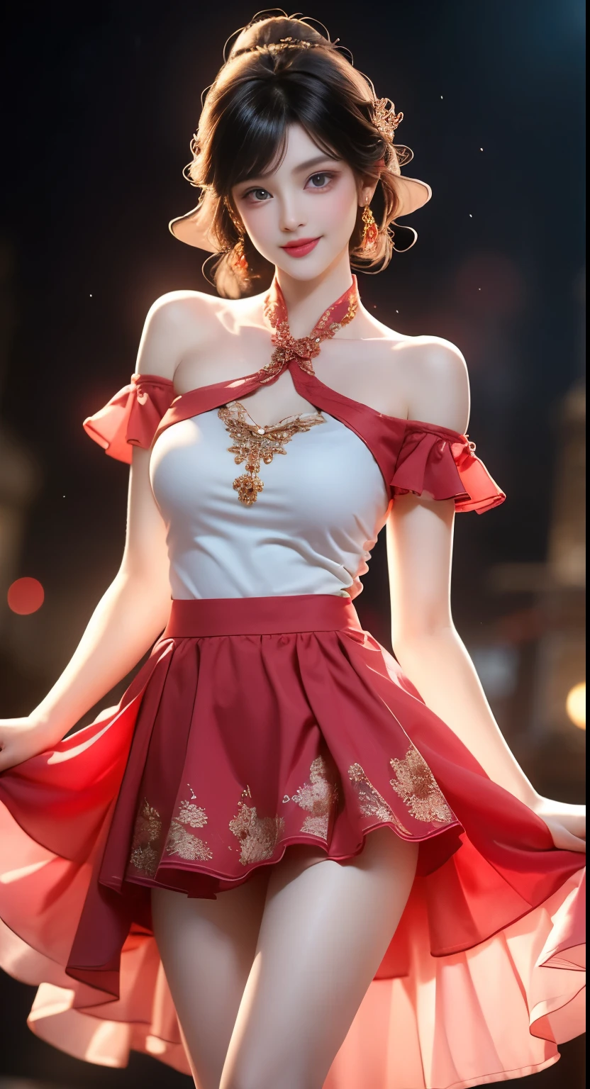 newchinesestylesuit, ((Bare shoulders)), ((Full breasts)), ((Very big breasts)), ((The skirt is very short)), ((Very beautiful legs)), ((Standing)), ((cowboy shot)), actual, Fashion Girl, red lips, Mature women, Exquisite makeup, big eyes, beautiful, (best quality, masterpiece:1.2), Super detailed, (actual:1.37), ((Random Scenes, Random shooting angle)), Young and energetic, Charming model, (Exquisite eyes, delicate lips), Show a bright smile, Create stunning girl images, warm color, Extremely saturated colors, Official Art, Extremely detailed CG, Unity 8k Wallpaper, (High Dynamic Range :1.4), (Movie atmosphere),(Soft colors), (Natural skin texture, ultra-actual, Soft Light, sharp),(Very detailed), night, moonlight, ((Correct Legs)), ((Anatomically correct))