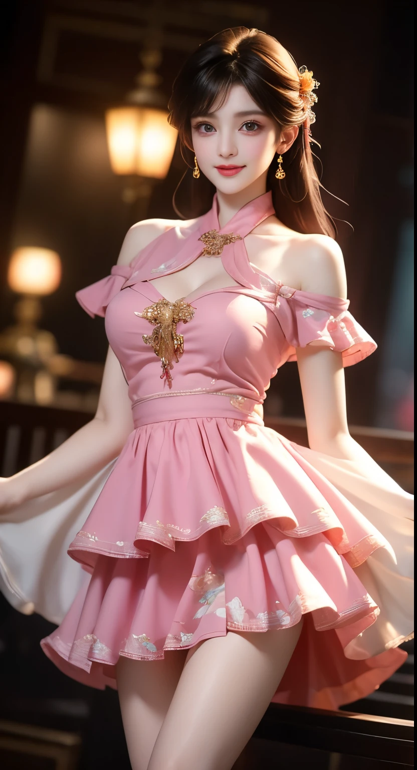 newchinesestylesuit, ((Bare shoulders)), ((Full breasts)), ((Very big breasts)), ((The skirt is very short)), ((Very beautiful legs)), ((Standing)), ((cowboy shot)), actual, Fashion Girl, red lips, Mature women, Exquisite makeup, big eyes, beautiful, (best quality, masterpiece:1.2), Super detailed, (actual:1.37), ((Random Scenes, Random shooting angle)), Young and energetic, Charming model, (Exquisite eyes, delicate lips), Show a bright smile, Create stunning girl images, warm color, Extremely saturated colors, Official Art, Extremely detailed CG, Unity 8k Wallpaper, (High Dynamic Range :1.4), (Movie atmosphere),(Soft colors), (Natural skin texture, ultra-actual, Soft Light, sharp),(Very detailed), night, moonlight, ((Correct Legs)), ((Anatomically correct))