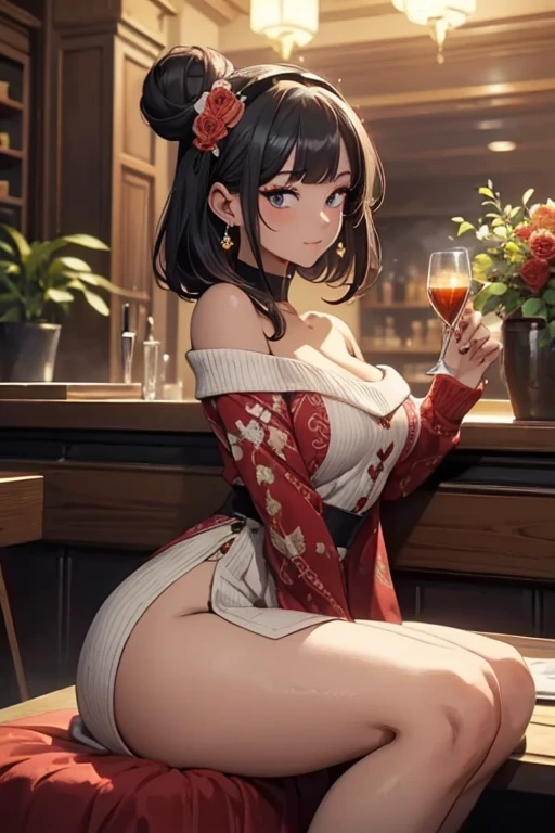 (((Masterpiece))),(((Super Detail))),(((in 8K))),(((best composition))),(((Rim lighting,Fireglow effect,deep shadow))),solo),Beautiful fingers,Detailed finger features,(Detailed hair features:1.7),(Dynamic and sexy bending pose:1.3),detailed facial features,detailed clothes features, (perky chest:1.1), (pointed chest:1.3), delicate beautiful face, Bright blue eyes, cute eyes, sparkling eyes, Big eyes, beautiful detailed eyes,double bun with glittering hair ornament:0.6,(super detailed glossy skin:1.3),slender body,goddess smile,((with sparkling eyes and a contagious smile)),beautiful posture,have a cup of coffee,black hair, red eyes, dress, bare shoulders, jewelry, collarbone, sidelocks, hairband, earrings, indoors, off shoulder, sweater, arms behind back, plant, short hair with long locks, white hairband, off-shoulder dress, sweater dress, off-shoulder sweater, red sweater, big side hair, very long side hair,(super delicate floral pattern:1.2),seductive cleavage:1.3,beautiful glossy legs,shiny red high heels,lifting dishes with cakesd,french restaurant,hustle and bustle,rising steam,(((depth of fields)))