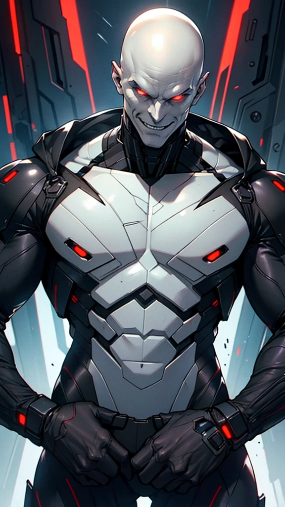 Cybernetic alien with detailed muscles realistic masterpieces full figure pose (best quality,ultra-detailed), pale skin, bald, (evil sinister smile), wearing black mobile cybernetic battle spacesuit