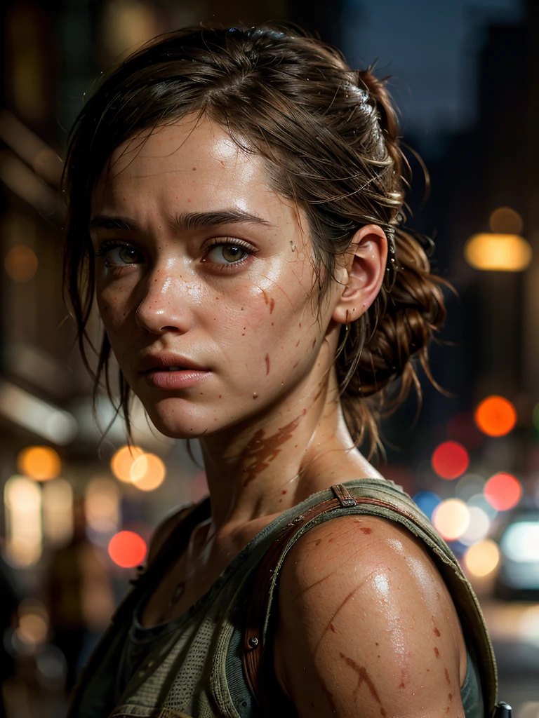 (best quality, masterpiece, highest detailed), (photorealistic:1.2), (detailed light:1.2), (Realistic skin texture:1.4), raw photo, the last of us, adult Ellie from the last of us, looking at the viewer, on street of a destroyed city, post-apocalysis, evening, depth of field, bokeh