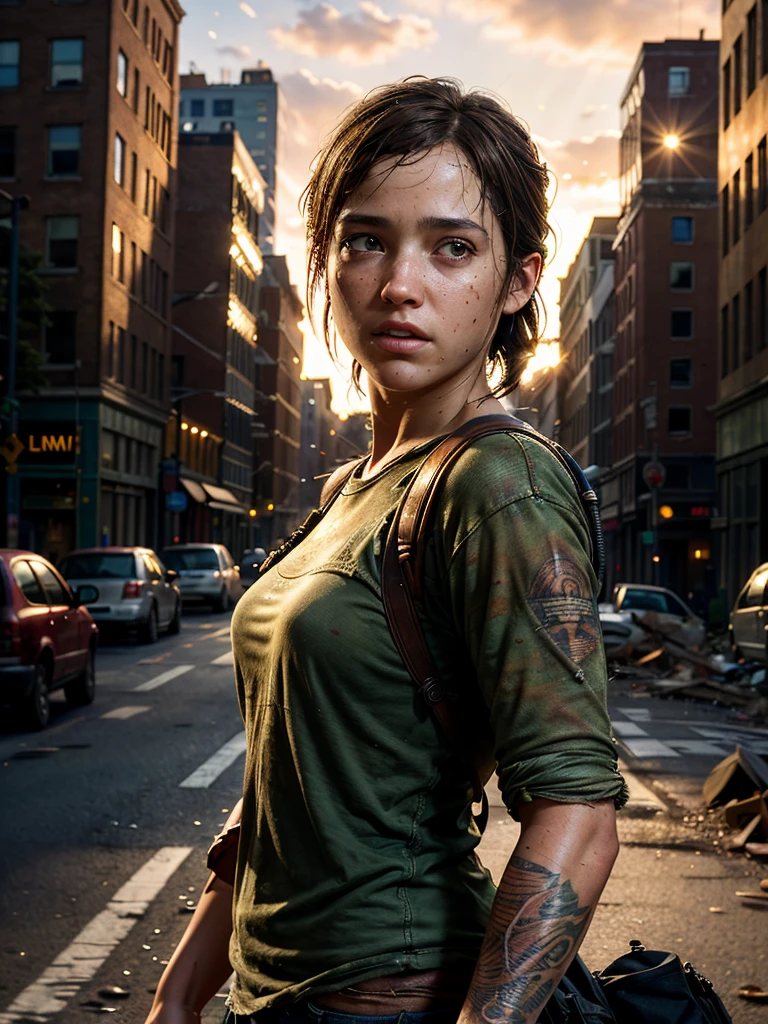 (best quality, masterpiece, highest detailed), (photorealistic:1.2), (detailed light:1.2), (Realistic skin texture:1.4), raw photo, the last of us, adult Ellie from the last of us, looking at the viewer, on street of a destroyed city, post-apocalysis, evening, depth of field, bokeh