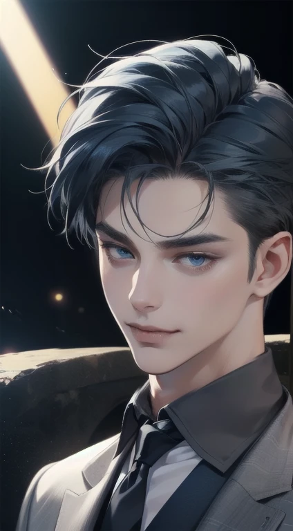 masterpiece, best quality, realistic, 1man, mature male, quiet and charming young man, 34 years old, close his eyes, smile look, extremely detailed face, smirk, ((dark grey blue eyes)), ((short-right-swept dark blue hair)), [thick eyebrows], detective, Black background, ((suit)), cinematic lighting