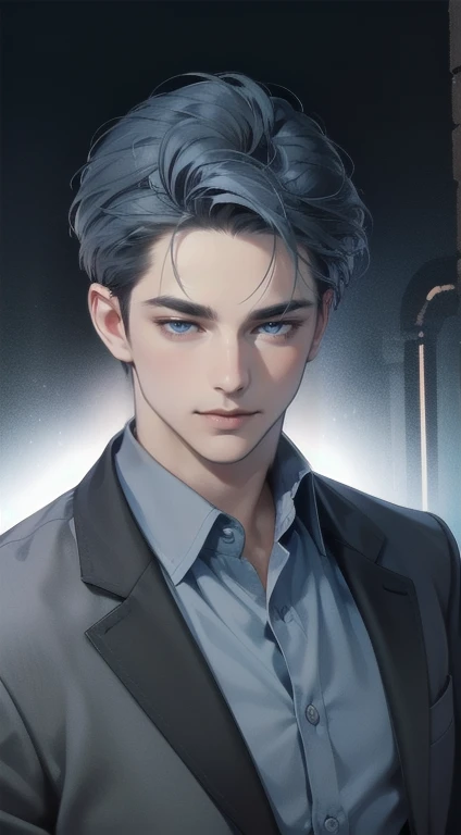masterpiece, best quality, realistic, 1man, mature male, quiet and charming young man, 34 years old, close his eyes, smile look, extremely detailed face, smirk, ((dark grey blue eyes)), ((short-right-swept dark blue hair)), [thick eyebrows], detective, Black background, ((suit)), cinematic lighting