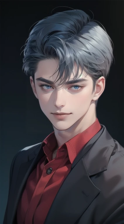 masterpiece, best quality, realistic, 1man, mature male, quiet and charming young man, 34 years old, close his eyes, smile look, extremely detailed face, smirk, ((dark grey blue eyes)), ((short-right-swept dark blue hair)), [thick eyebrows], detective, Black background, ((suit)), cinematic lighting