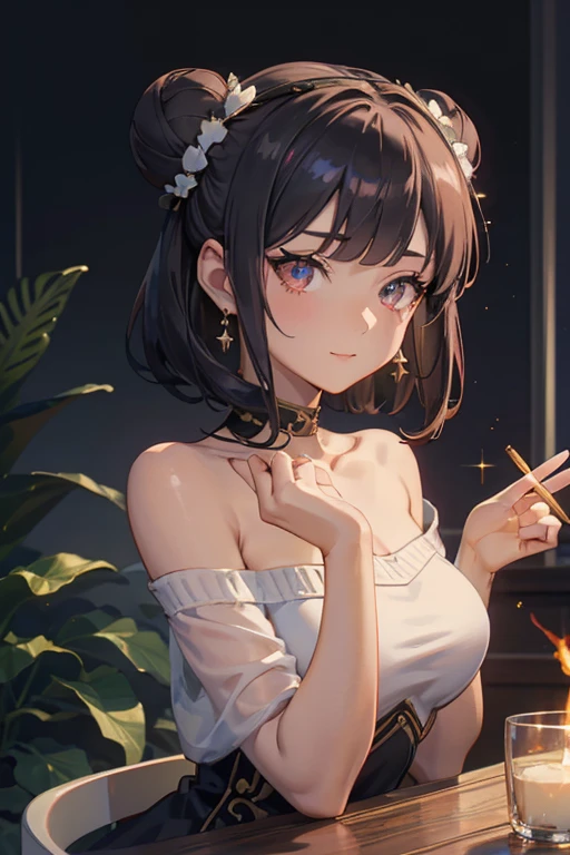 (((Masterpiece))),(((Super Detail))),(((in 8K))),(((best composition))),(((Rim lighting,Fireglow effect,deep shadow))),solo),Beautiful fingers,Detailed finger features,(Detailed hair features:1.7),(Dynamic and sexy bending pose:1.3),detailed facial features,detailed clothes features, (perky chest:1.1), (pointed chest:1.3), delicate beautiful face, Bright blue eyes, cute eyes, sparkling eyes, Big eyes, beautiful detailed eyes,double bun with glittering hair ornament:0.6,(super detailed glossy skin:1.3),slender body,goddess smile,((with sparkling eyes and a contagious smile)),beautiful posture,have a cup of coffee,black hair, red eyes, dress, bare shoulders, jewelry, collarbone, sidelocks, hairband, earrings, indoors, off shoulder, sweater, arms behind back, plant, short hair with long locks, white hairband, off-shoulder dress, sweater dress, off-shoulder sweater, red sweater, big side hair, very long side hair,(super delicate floral pattern:1.2),seductive cleavage:1.3,beautiful glossy legs,shiny red high heels,lifting dishes with cakesd,french restaurant,hustle and bustle,rising steam,(((depth of fields)))