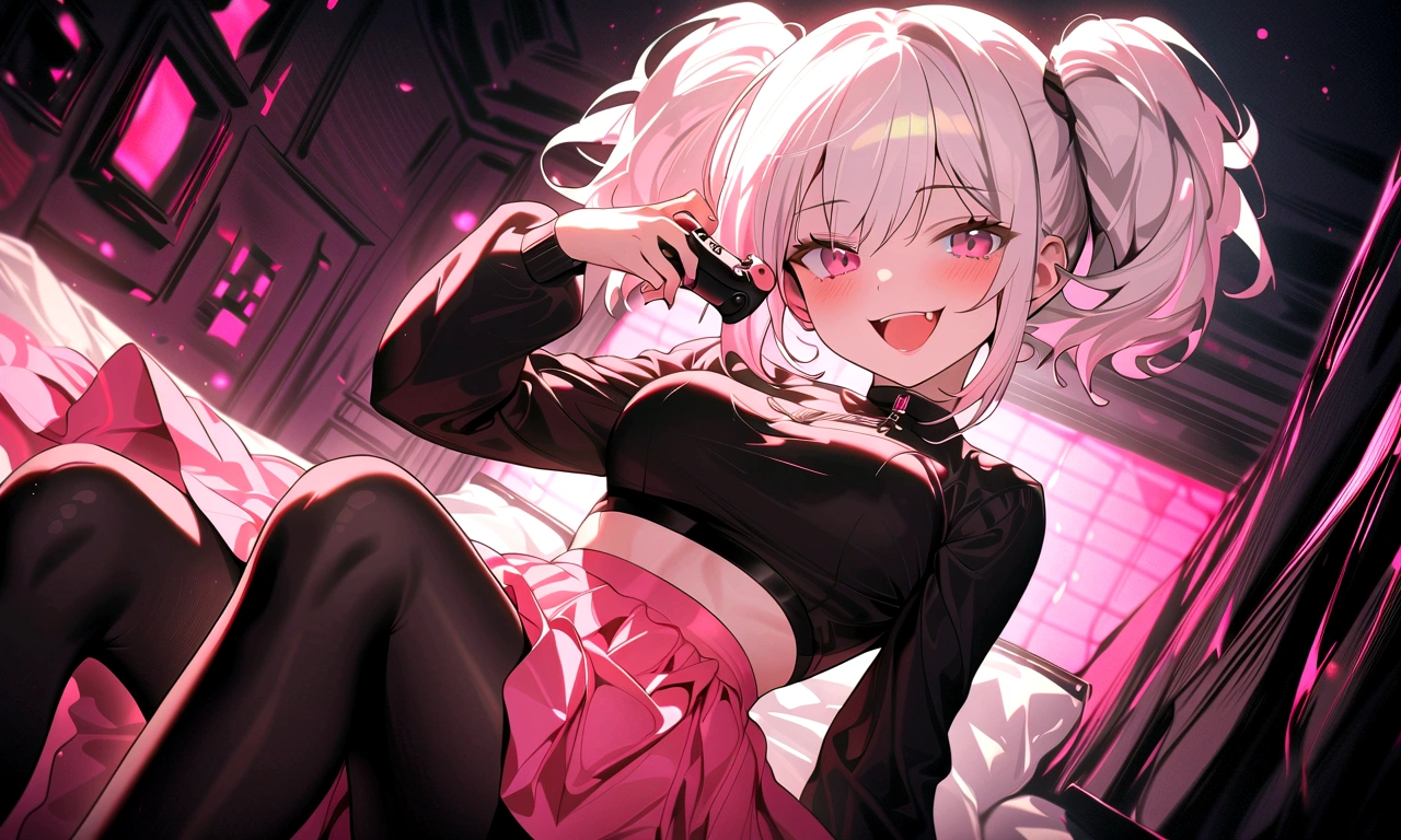 1girl, white hair, short twintails, laughing, smirk, happy, pink eyes, wearing plain black shirt, revealing pink skirt, white panties, black leggings, bedroom, absurdres, high res, ultrasharp, 8K, masterpiece, looking away from the viewer, no hat, holding game controller