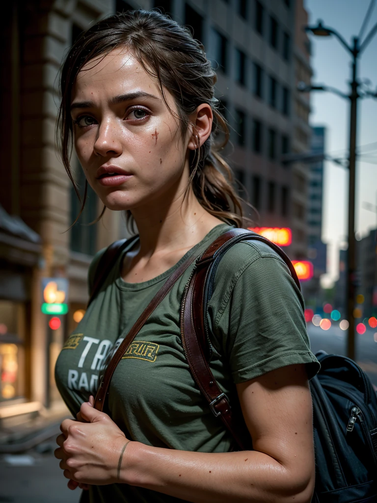 (best quality, masterpiece, highest detailed), (photorealistic:1.2), (detailed light:1.2), (Realistic skin texture:1.4), raw photo, the last of us, adult Ellie from the last of us, looking at the viewer, on street of a destroyed city, post-apocalysis, evening, depth of field, bokeh
