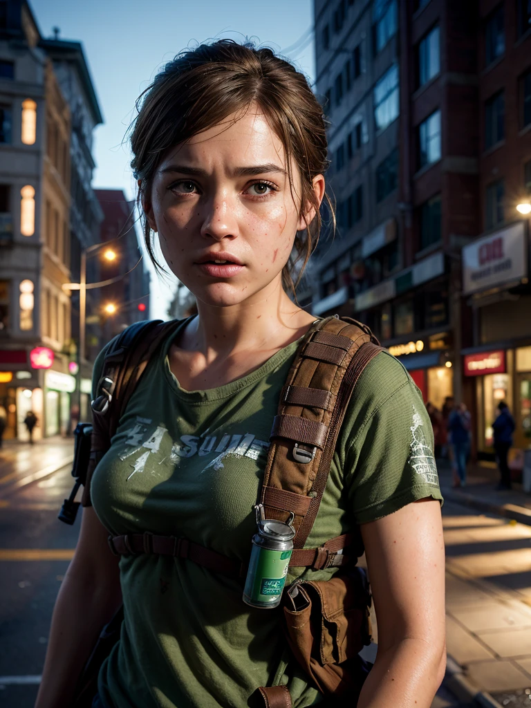 (best quality, masterpiece, highest detailed), (photorealistic:1.2), (detailed light:1.2), (Realistic skin texture:1.4), raw photo, the last of us, adult Ellie from the last of us, looking at the viewer, on street of a destroyed city, post-apocalysis, evening, depth of field, bokeh