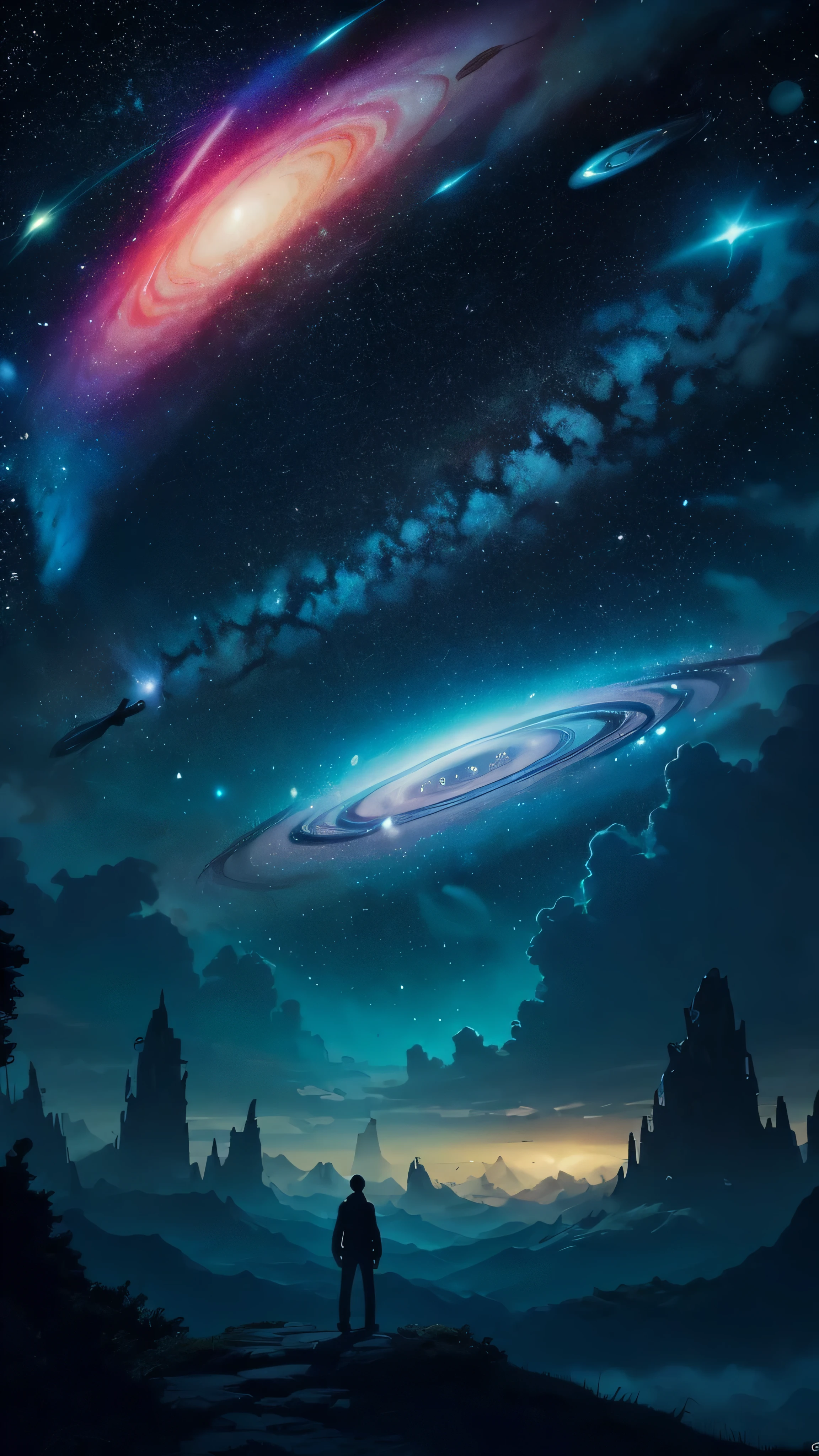 Background with bright white stars in the style of Hayao Miyazaki、A universe with all planets painted in blue and pink, — Air 21:9, 4K quality