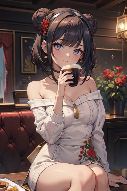 (((Masterpiece))),(((Super Detail))),(((in 8K))),(((best composition))),(((Rim lighting,Fireglow effect,deep shadow))),solo),Beautiful fingers,Detailed finger features,(Detailed hair features:1.7),(Dynamic and sexy bending pose:1.3),detailed facial features,detailed clothes features, (perky chest:1.1), (pointed chest:1.3), delicate beautiful face, Bright blue eyes, cute eyes, sparkling eyes, Big eyes, beautiful detailed eyes,double bun with glittering hair ornament:0.6,(super detailed glossy skin:1.3),slender body,goddess smile,((with sparkling eyes and a contagious smile)),beautiful posture,have a cup of coffee,black hair, red eyes, dress, bare shoulders, jewelry, collarbone, sidelocks, hairband, earrings, indoors, off shoulder, sweater, arms behind back, plant, short hair with long locks, white hairband, off-shoulder dress, sweater dress, off-shoulder sweater, red sweater, big side hair, very long side hair,(super delicate floral pattern:1.2),seductive cleavage:1.3,beautiful glossy legs,shiny red high heels,lifting dishes with cakesd,french restaurant,hustle and bustle,rising steam,(((depth of fields)))