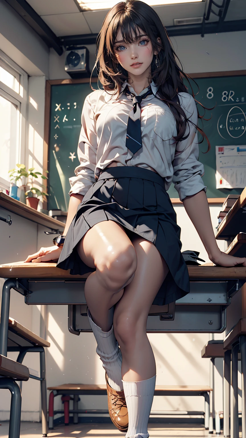 ((masterpiece)), ((highest quality)), ((High resolution)), ((Highly detailed CG Unity 8k wallpaper)), alone, tachibana kanade, Black Skirt, White socks, A small smile, classroom