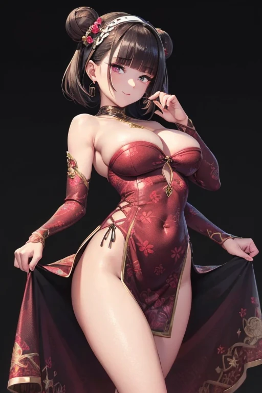 (((Masterpiece))),(((Super Detail))),(((in 8K))),(((best composition))),(((Rim lighting,Fireglow effect,deep shadow))),solo),Beautiful fingers,Detailed finger features,(Detailed hair features:1.7),(Dynamic and sexy bending pose:1.3),detailed facial features,detailed clothes features, (perky chest:1.1), (pointed chest:1.3), delicate beautiful face, Bright blue eyes, cute eyes, sparkling eyes, Big eyes, beautiful detailed eyes,double bun with glittering hair ornament:0.6,(super detailed glossy skin:1.3),slender body,goddess smile,((with sparkling eyes and a contagious smile)),beautiful posture,have a cup of coffee,black hair, red eyes, dress, bare shoulders, jewelry, collarbone, sidelocks, hairband, earrings, indoors, off shoulder, sweater, arms behind back, plant, short hair with long locks, white hairband, off-shoulder dress, sweater dress, off-shoulder sweater, red sweater, big side hair, very long side hair,(super delicate floral pattern:1.2),seductive cleavage:1.3,beautiful glossy legs,shiny red high heels,lifting dishes with cakesd,french restaurant,hustle and bustle,rising steam,(((depth of fields)))