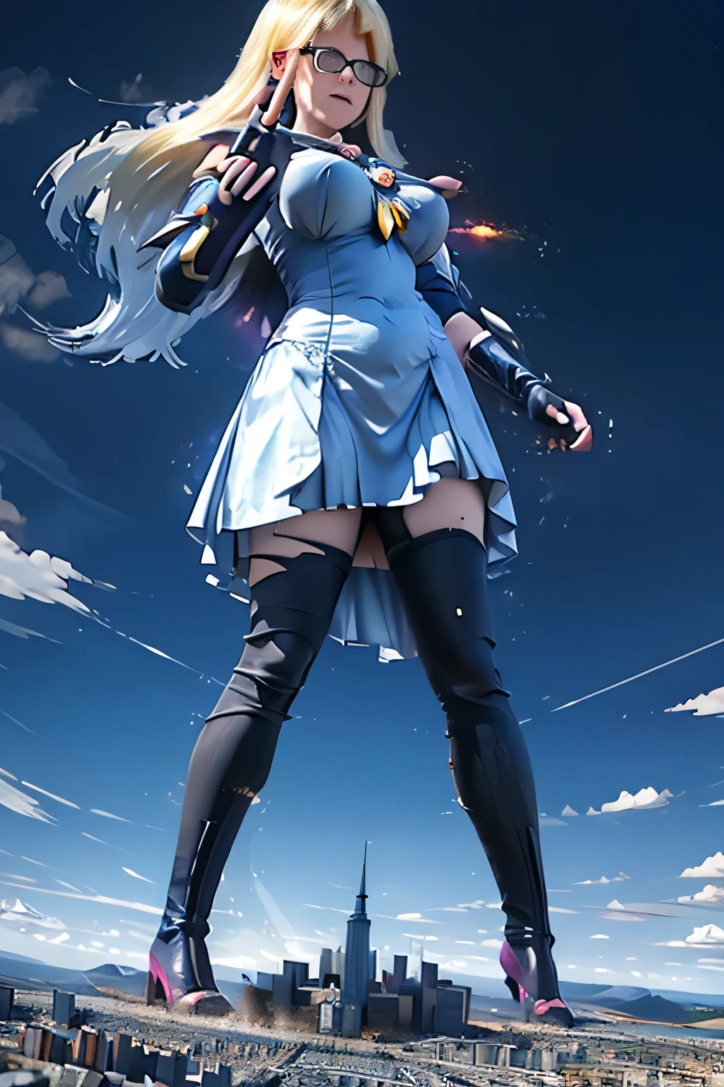 giantess art, highly detailed giantess shots, giantess, Two legs, Five fingers, A beautiful girl who is bigger than a skyscraper, Wearing rimless glasses, smile, huge breasts, blue dress, bow, magical girl, holding a magical wand, black pantyhose, blue stiletto heels, thunderbolt from a magical wand, Destroying cities, Under heavy attack but unharmed, A very small big city, Miniature metropolis, Full body description, GTS, giga giantess, stomping city, crash city, tiny city, micro city, pantyhose feet, High resolution, highest quality, masterpiece, peeing self,