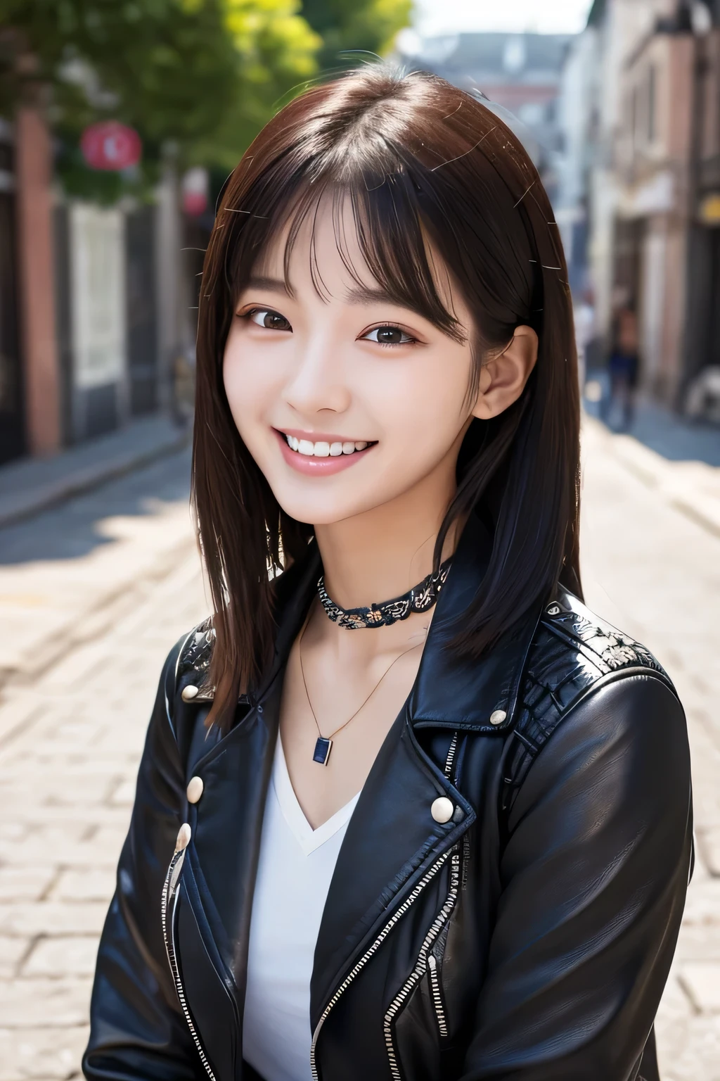 ２０Beautiful young woman of the year、 Korean women、Black Hair、Necklace around the neck、leather jacket、shirt、smile, Beautiful teeth alignment、Intricate details, Very detailed:1.2), 、 Looking into the camera,The background is the town

