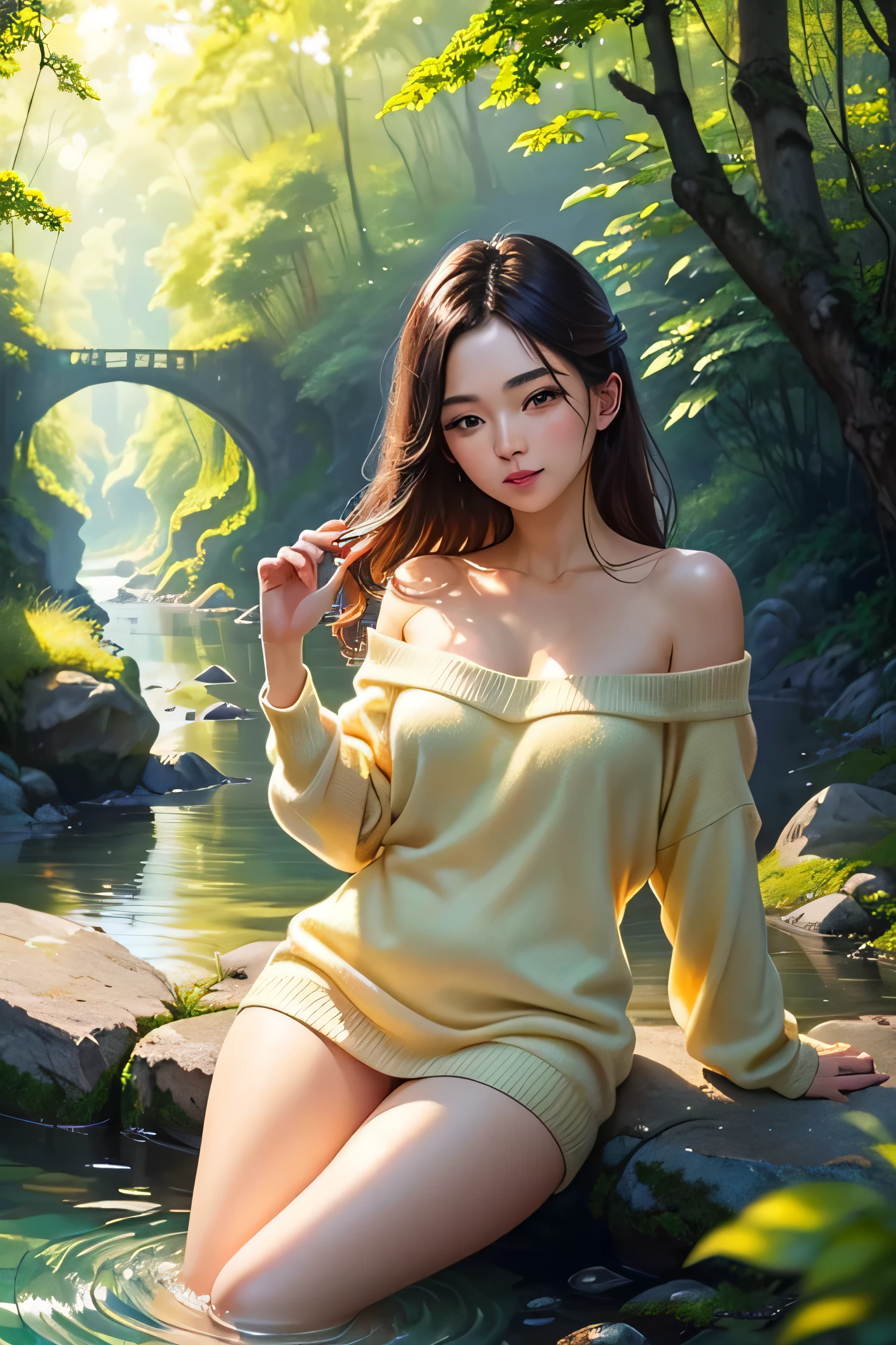 A peacefully flowing river, glistening in the warm sunlight as it meanders through a tranquil forest. The water, crystal clear and shimmering with a golden hue, reflects the surrounding lush greenery ((best quality)), ((masterpiece)), (detailed), 1girl, off-shoulder sweater