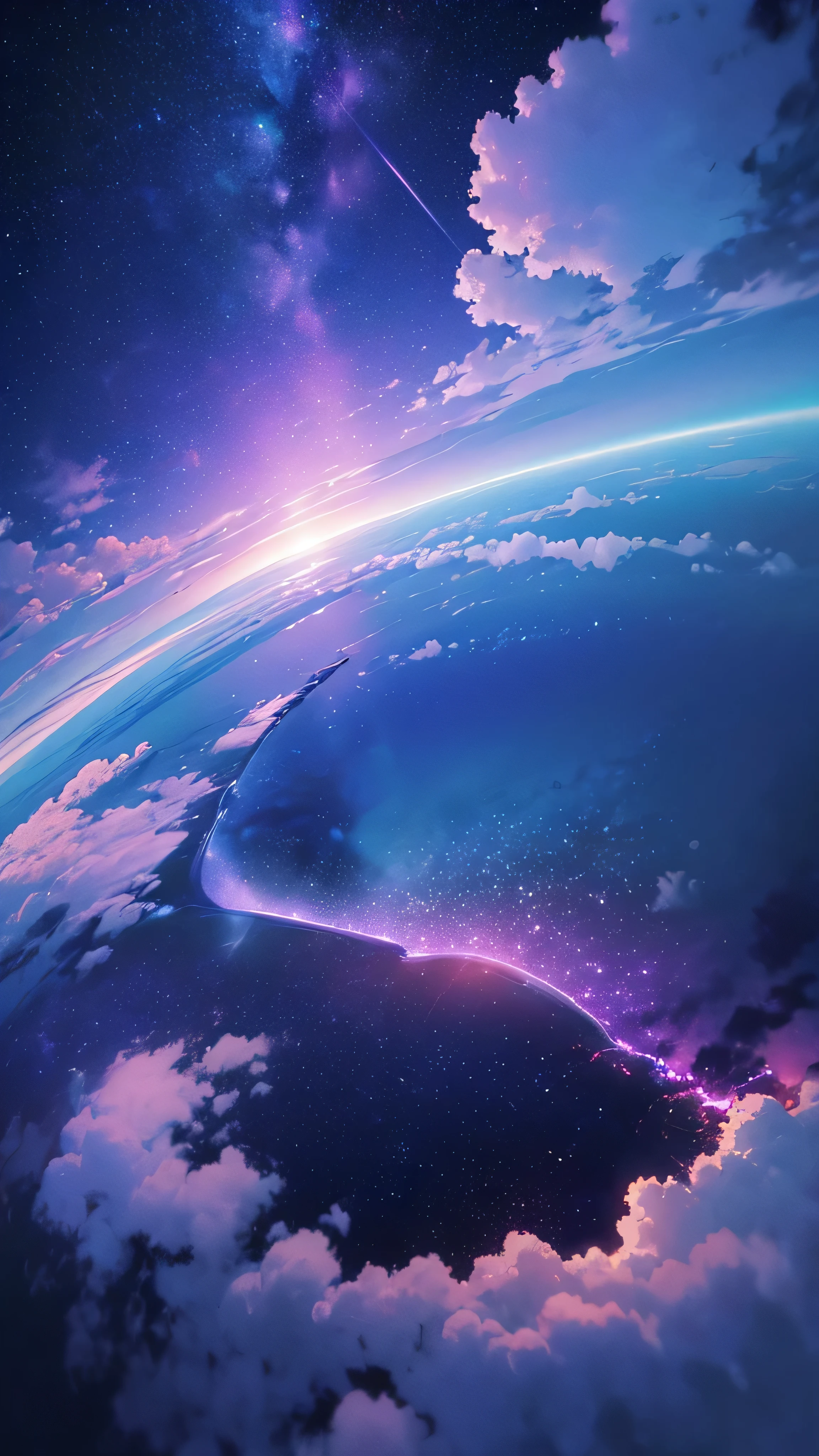 ((Ultra Wide Angle)),((highest quality)),(Ultra-high resolution),(Very detailed),Starry Sky,sea of clouds, , Ultra-fine, Written boundary depth, Great scene,The colors are deep blue and purple, Vast landscape photography , (A side view showing the sky above and the wide sea of clouds below), (sea of clouds:1.3), (Warm light source:0.8), Lots of purple and blue, Intricate details, (masterpiece:1.2), 4K, (moving composition:1.4), dream-like, magic,Wonderful landscape, (colorful),