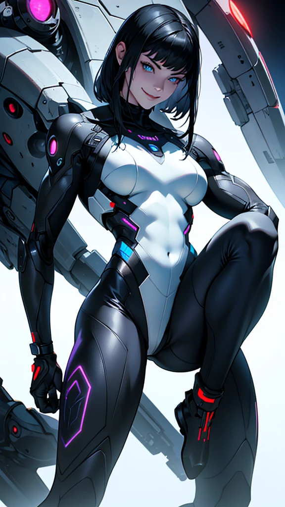 Cybernetic female alien with detailed muscles realistic masterpieces full figure pose (best quality,ultra-detailed), pale skin, small waist, large buttocks, (evil sinister smile), wearing black mobile cybernetic battle spacesuit