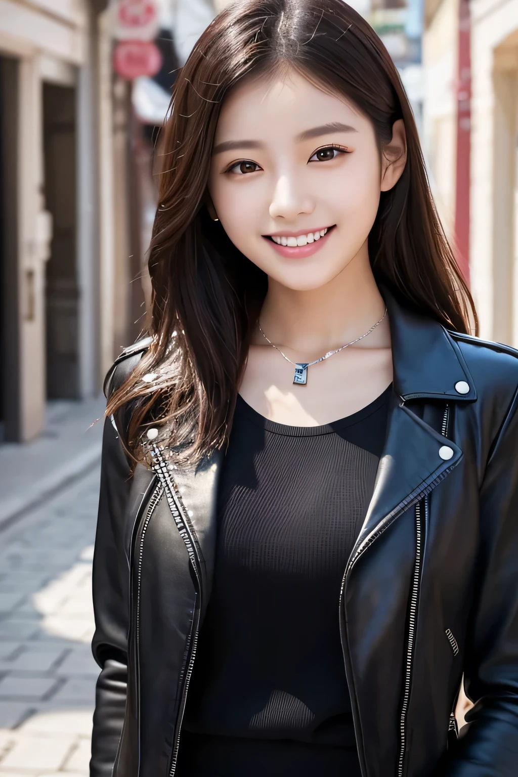 ２０Beautiful young woman of the year、 Korean women、Black Hair、Necklace around the neck、leather jacket、shirt、smile, Beautiful teeth alignment、Intricate details, Very detailed:1.2), 、 Looking into the camera,The background is the town

