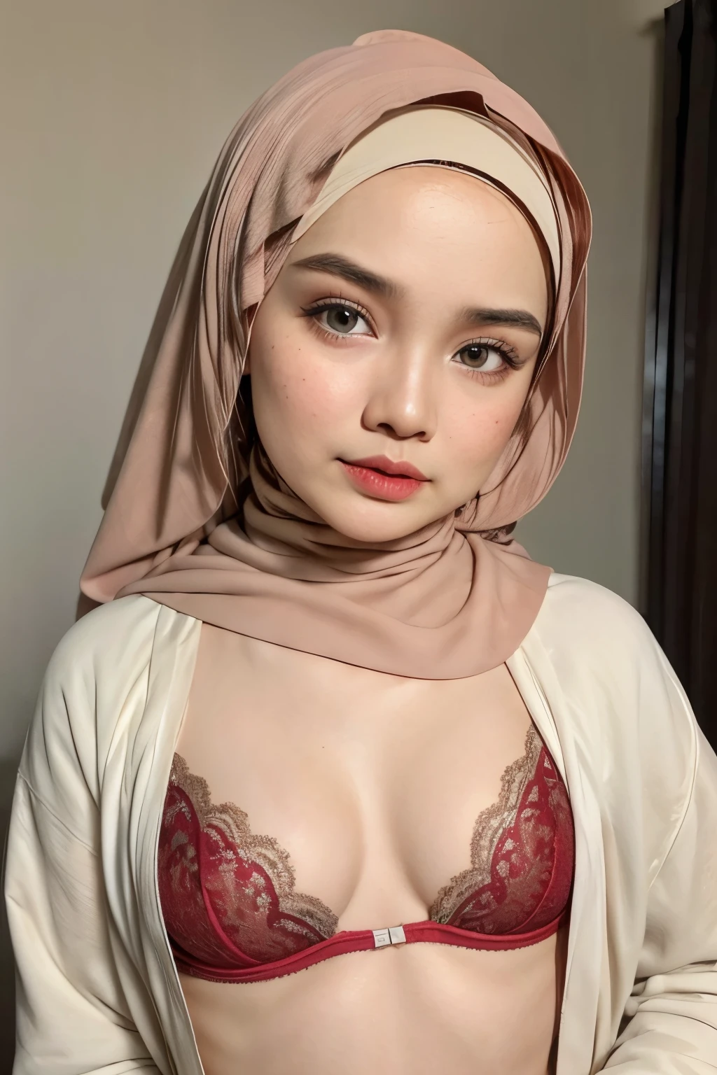 (Wearing Bra Lingerie), (((HIJAB MALAY GIRL))), masutepiece, High quality, UHD 32K, Realistic face, Realistic skin feeling , A Malay Lady, 8 , , Very cute and baby-like face, (((FLAT CHEST))), (MATRIX WORLD), ((look In front at the camera and SADNESS)), ((())), (((CUTE GIRL))), ((RED LIPS)), ((RED)), (undress). WEAR BRA LINGERIE,