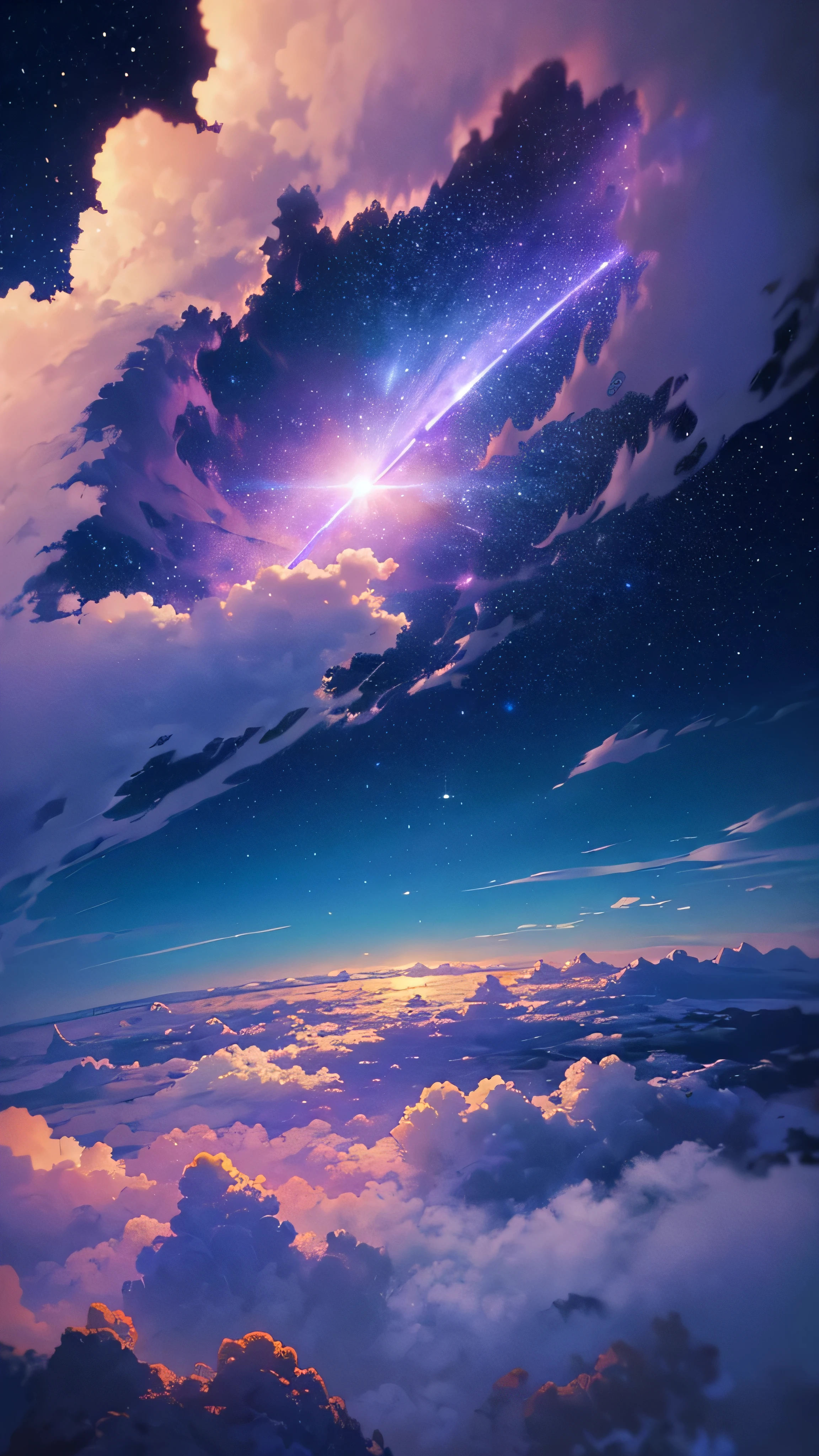 ((Ultra Wide Angle)),((highest quality)),(Ultra-high resolution),(Very detailed),Starry Sky,sea of clouds, , Ultra-fine, Written boundary depth, Great scene,The colors are deep blue and purple, Vast landscape photography , (A side view showing the sky above and the wide sea of clouds below),  (sea of clouds:1.3), (Warm light source:0.8), Lots of purple and blue, Intricate details, (masterpiece:1.2), 4K, (moving composition:1.4), dream-like, magic,Wonderful landscape, (colorful),