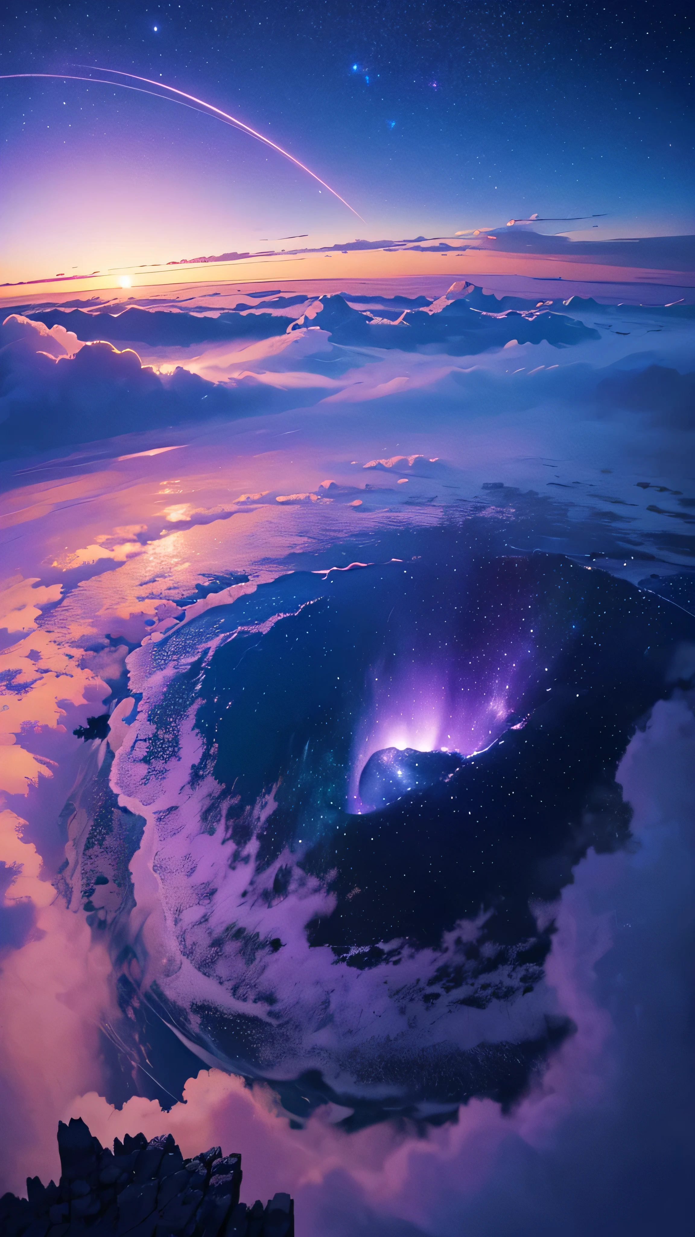 ((Ultra Wide Angle)),((highest quality)),(Ultra-high resolution),(Very detailed),Starry Sky,sea of clouds, , Ultra-fine, Written boundary depth, Great scene,The colors are deep blue and purple, Vast landscape photography , (A side view showing the sky above and the wide sea of clouds below), (sea of clouds:1.3), (Warm light source:0.8), Lots of purple and blue, Intricate details, (masterpiece:1.2), 4K, (moving composition:1.4), dream-like, magic,Wonderful landscape, (colorful),