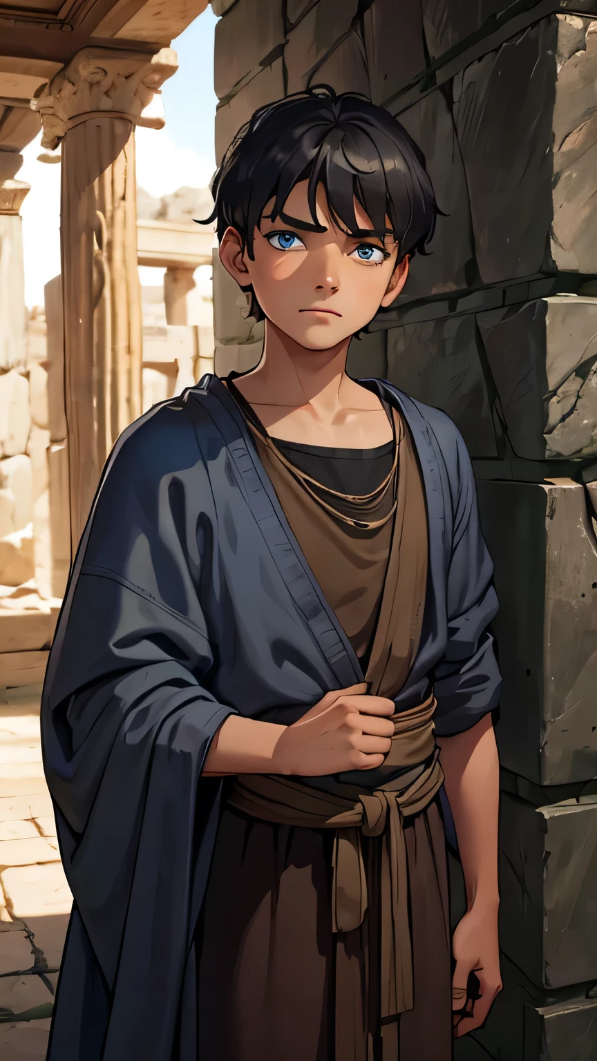 10 year old boy, blue eyes, dark gray hair, dressed in poor brown clothes from the 1st century AD. in an ancient dark Greek house from the 1st century AD, the walls are made of dark house stone