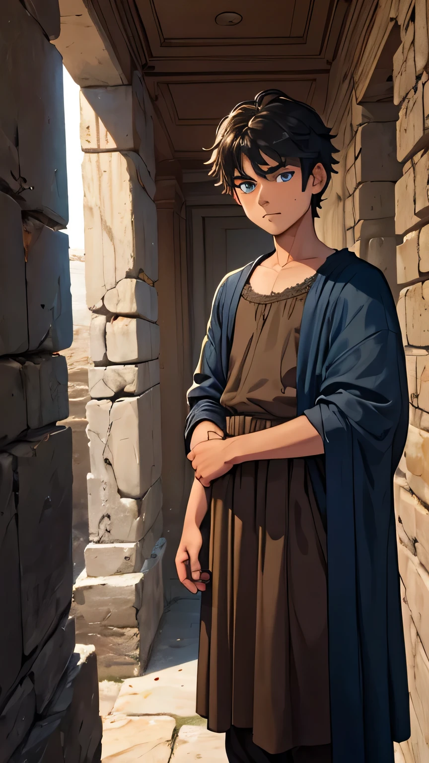 10 year old boy, blue eyes, dark gray hair, dressed in poor brown clothes from the 1st century AD. in an ancient dark Greek house from the 1st century AD, the walls are made of dark house stone
