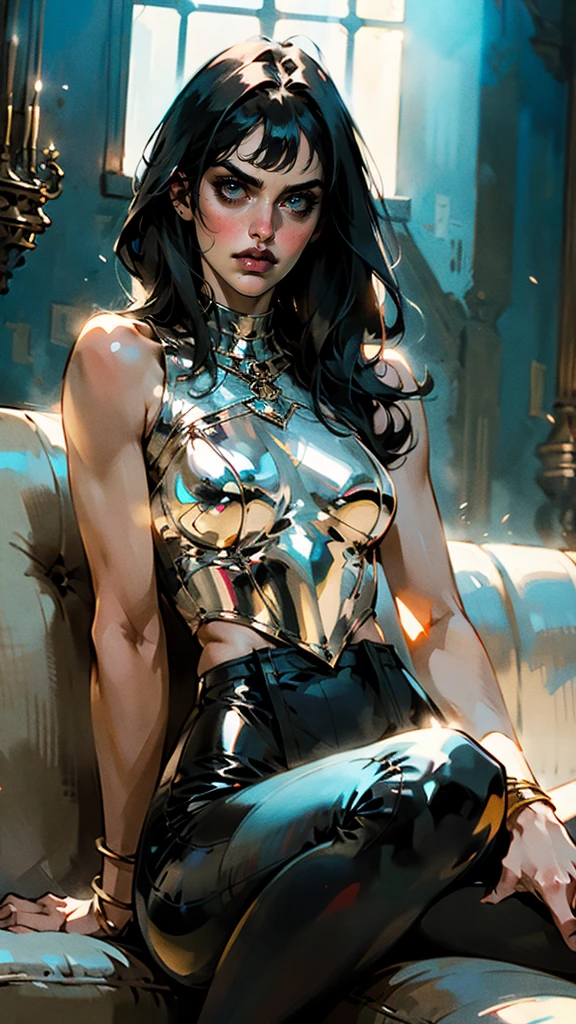 A beautiful woman with long shiny black hair, choppy bangs, a delicate face, a cold proud gaze, a fit figure, a fantasy-style high-necked leather breastplate top, sleeveless, exposes her waist, a bracelet adorns her wrist, tight-fitting leather pants, her right hand holds a Katana with a blue scabbard, she lounges casually sitting on a sofa, this character embodies a finely crafted fantasy-style bounty hunter in anime style, exquisite and mature manga art style, (Alexandra Daddario:1.2), high definition, best quality, highres, ultra-detailed, ultra-fine painting, extremely delicate, professional, anatomically correct, symmetrical face, extremely detailed eyes and face, high quality eyes, creativity, RAW photo, UHD, 32k, Natural light, cinematic lighting, masterpiece-anatomy-perfect, masterpiece:1.5