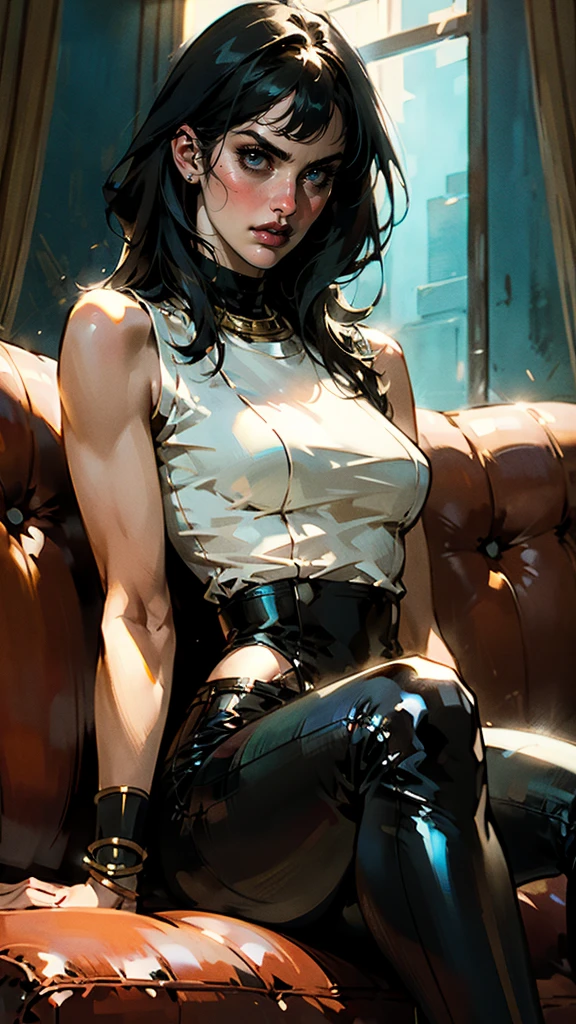 A beautiful woman with long shiny black hair, choppy bangs, a delicate face, a cold proud gaze, a fit figure, a fantasy-style high-necked leather breastplate top, sleeveless, exposes her waist, a bracelet adorns her wrist, tight-fitting leather pants, her right hand holds a Katana with a blue scabbard, she lounges casually sitting on a sofa, this character embodies a finely crafted fantasy-style bounty hunter in anime style, exquisite and mature manga art style, (Alexandra Daddario:1.2), high definition, best quality, highres, ultra-detailed, ultra-fine painting, extremely delicate, professional, anatomically correct, symmetrical face, extremely detailed eyes and face, high quality eyes, creativity, RAW photo, UHD, 32k, Natural light, cinematic lighting, masterpiece-anatomy-perfect, masterpiece:1.5