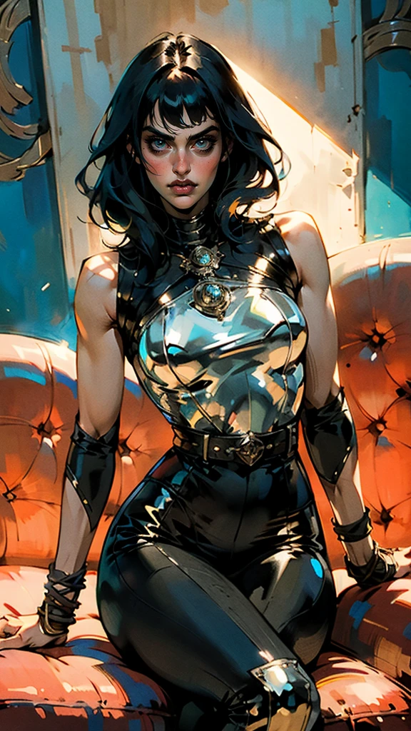 A beautiful woman with long shiny black hair, choppy bangs, a delicate face, a cold proud gaze, a fit figure, a fantasy-style high-necked leather breastplate top, sleeveless, exposes her waist, a bracelet adorns her wrist, tight-fitting leather pants, her right hand holds a Katana with a blue scabbard, she lounges casually sitting on a sofa, this character embodies a finely crafted fantasy-style bounty hunter in anime style, exquisite and mature manga art style, (Alexandra Daddario:1.2), high definition, best quality, highres, ultra-detailed, ultra-fine painting, extremely delicate, professional, anatomically correct, symmetrical face, extremely detailed eyes and face, high quality eyes, creativity, RAW photo, UHD, 32k, Natural light, cinematic lighting, masterpiece-anatomy-perfect, masterpiece:1.5