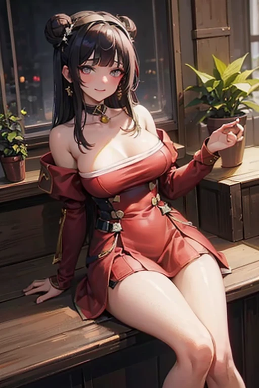 (((Masterpiece))),(((Super Detail))),(((in 8K))),(((best composition))),(((Rim lighting,Fireglow effect,deep shadow))),solo),Beautiful fingers,Detailed finger features,(Detailed hair features:1.7),(Dynamic and sexy bending pose:1.3),detailed facial features,detailed clothes features, (perky chest:1.1), (pointed chest:1.3), delicate beautiful face, Bright blue eyes, cute eyes, sparkling eyes, Big eyes, beautiful detailed eyes,double bun with glittering hair ornament:0.6,(super detailed glossy skin:1.3),slender body,goddess smile,((with sparkling eyes and a contagious smile)),beautiful posture,have a cup of coffee,black hair, red eyes, dress, bare shoulders, jewelry, collarbone, sidelocks, hairband, earrings, indoors, off shoulder, sweater, arms behind back, plant, short hair with long locks, white hairband, off-shoulder dress, sweater dress, off-shoulder sweater, red sweater, big side hair, very long side hair,(super delicate floral pattern:1.2),seductive cleavage:1.3,beautiful glossy legs,shiny red high heels,lifting dishes with cakesd,french restaurant,hustle and bustle,rising steam,(((depth of fields)))