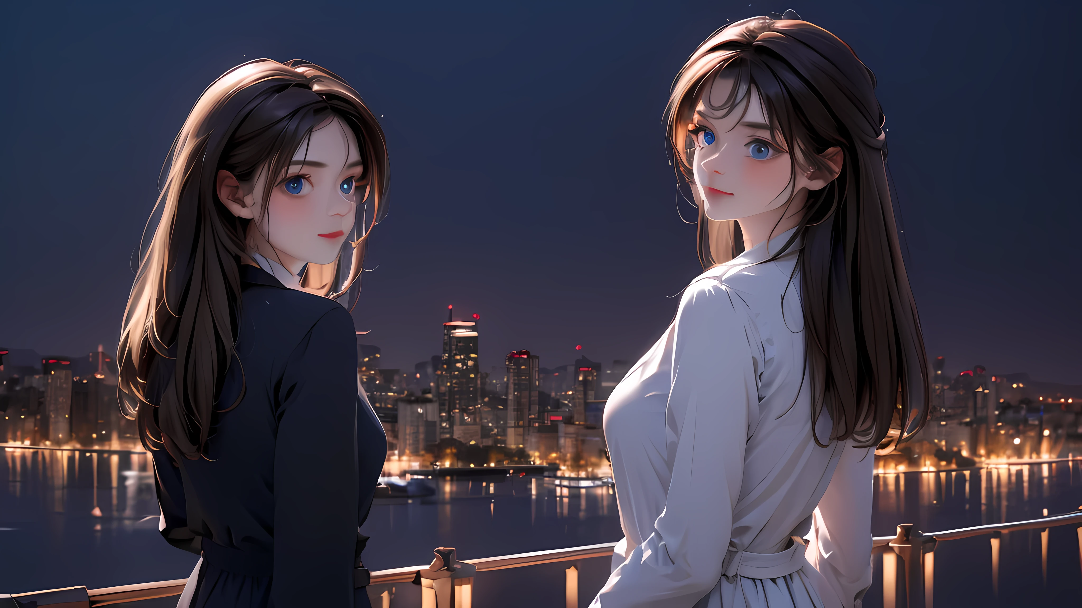 1 girl, medium light brown hair, light blue eyes, wearing black suit, night city, absurdres, high res, ultrasharp, 8K, masterpiece, looking from behind